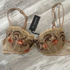 NWT ID Sarrieri Tan Brown Embroidered Floral Bra 34C